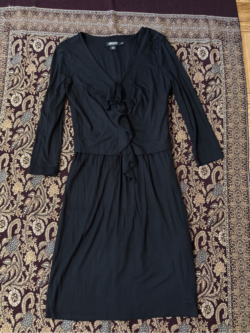 DKNY Black Ruffle-Front Long Sleeve Midi Dress